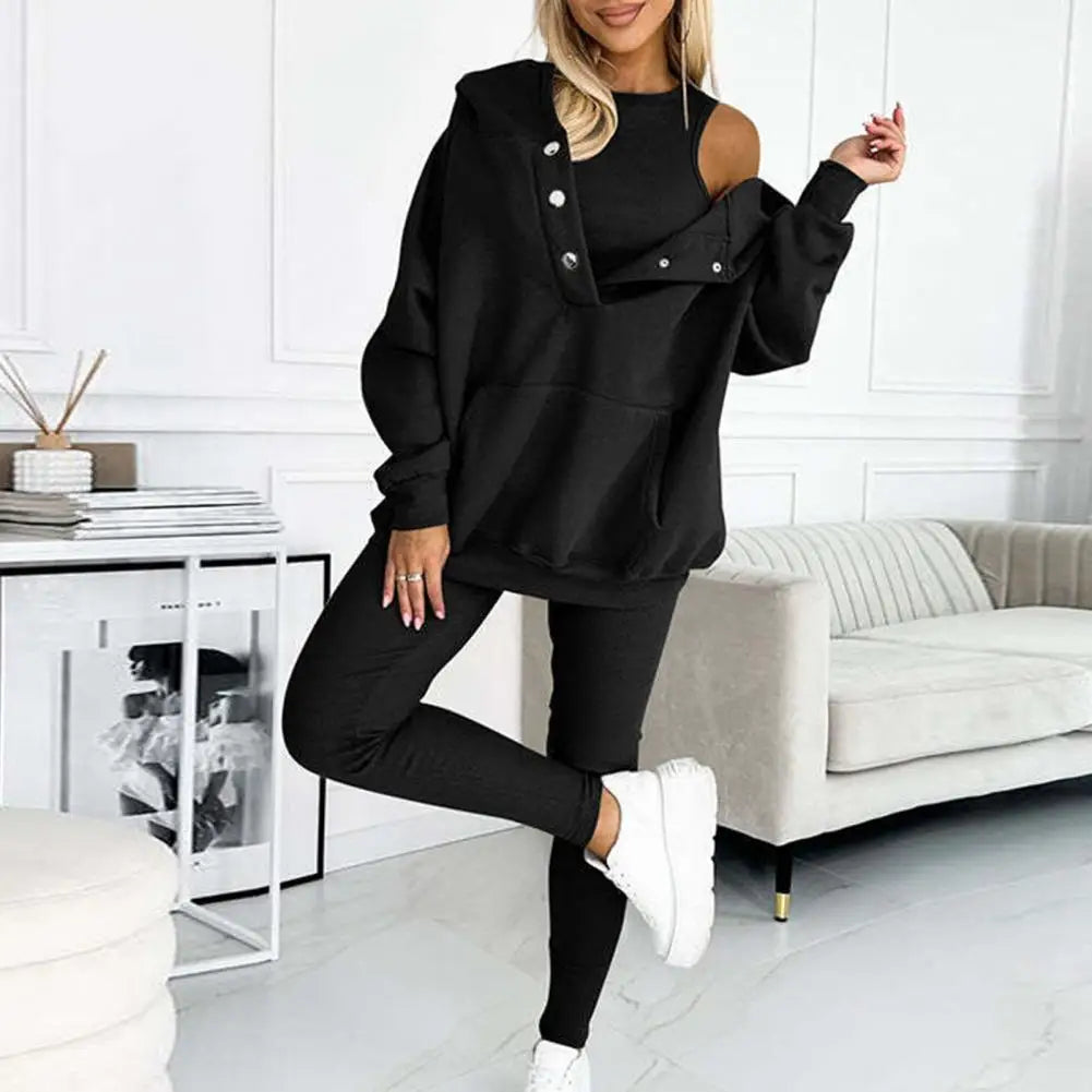 Women's Roomy Button-Neck Hooded Fitted Legging Set