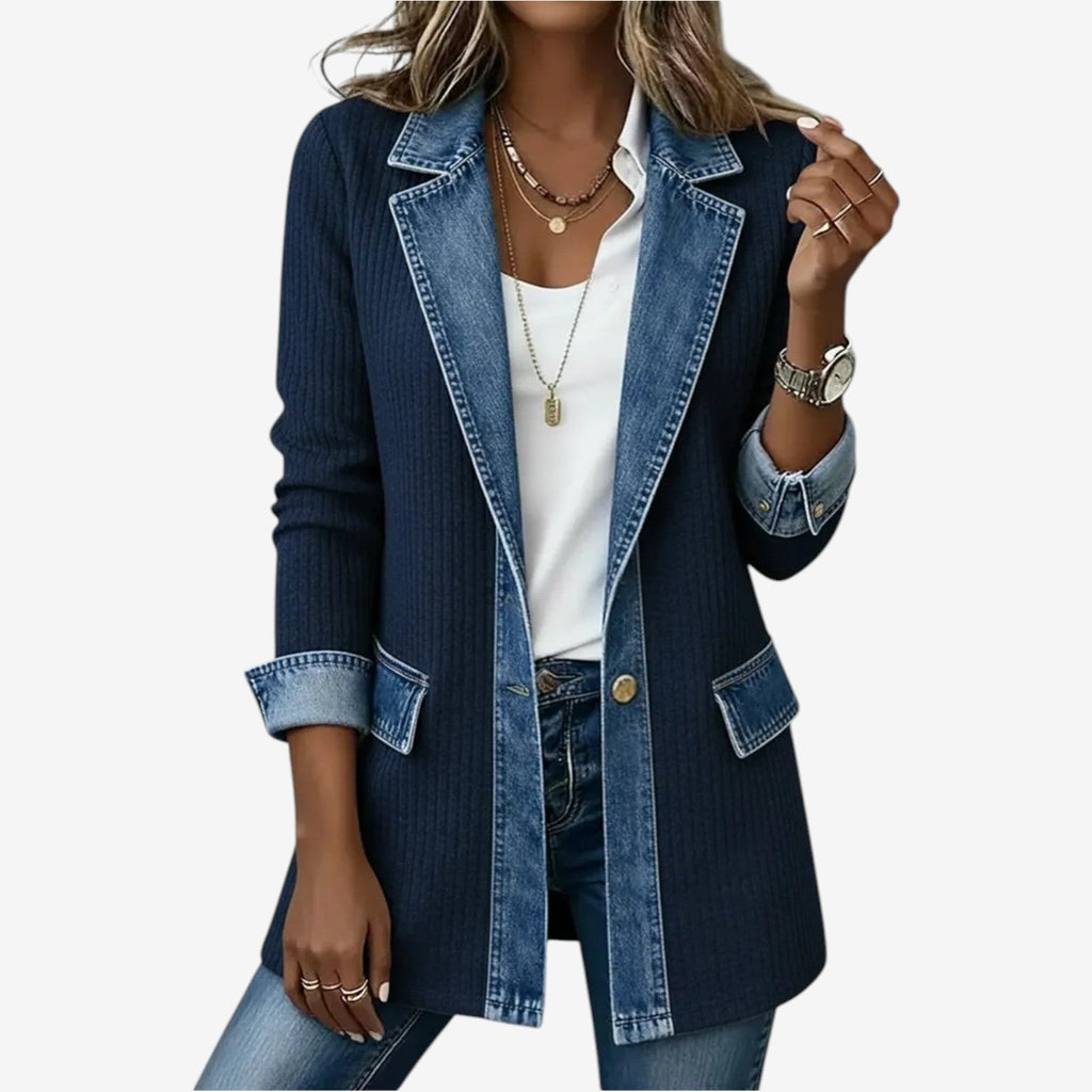 Women's Denim-Inspired Knit Jacket with Layered Collar
