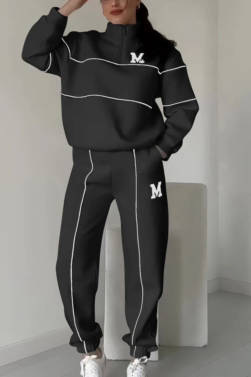 Women's Zip Neckline Top Tapered Joggers Set