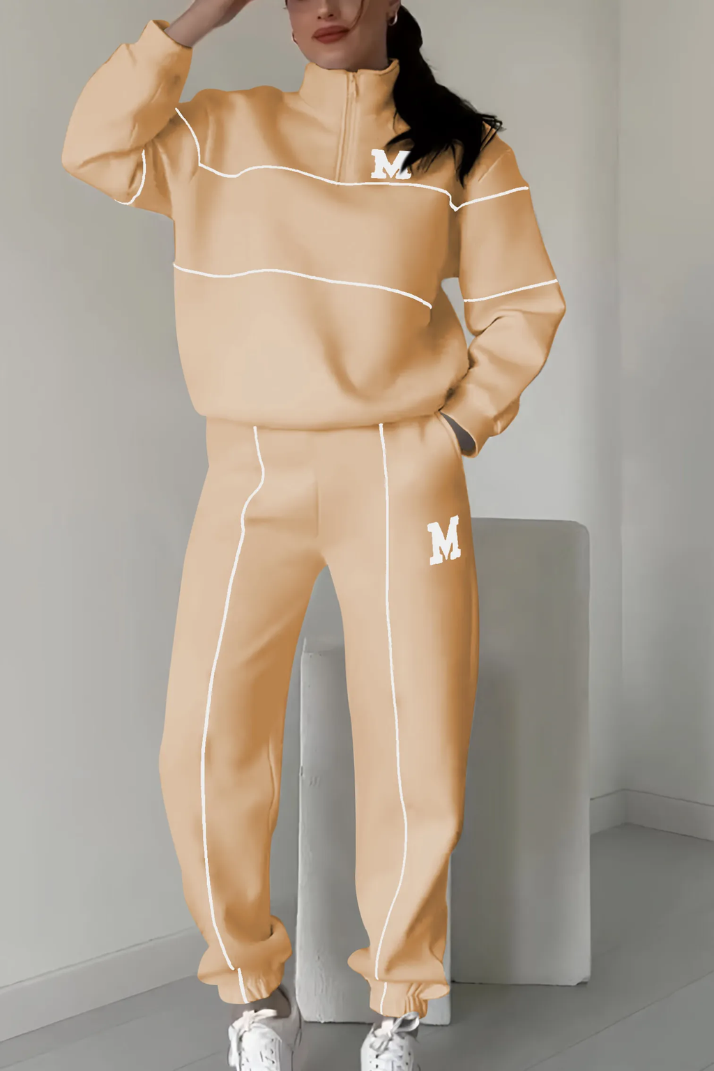 Women's Zip Neckline Top Tapered Joggers Set