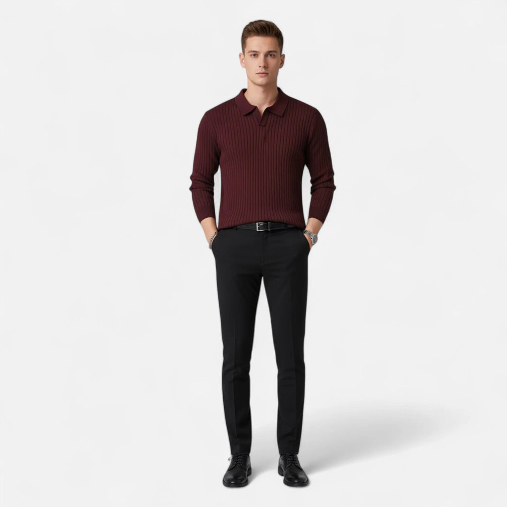 Men's Fine Ribbed Open Neck Long Sleeve Polo Shirt