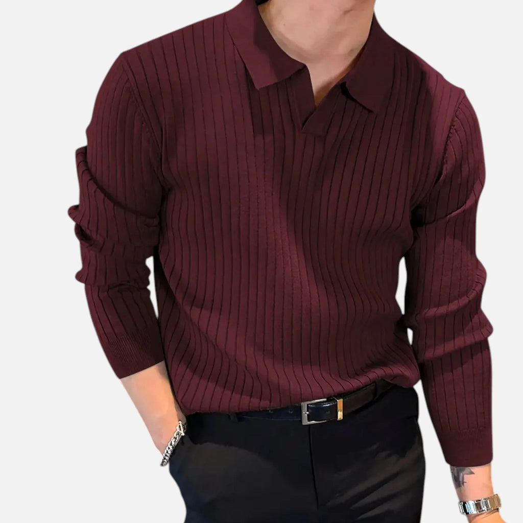 Men's Fine Ribbed Open Neck Long Sleeve Polo Shirt
