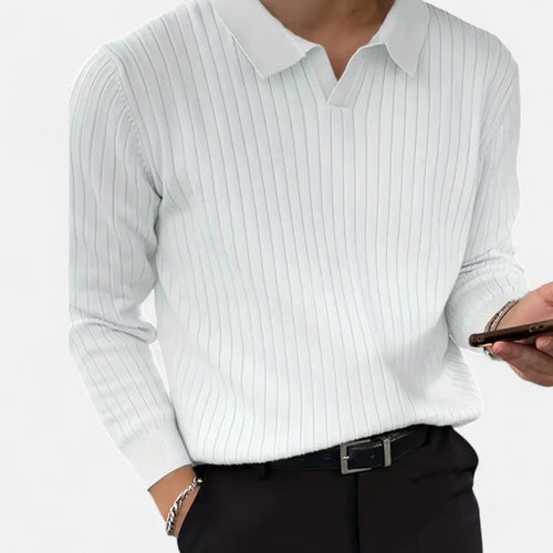 Men's Fine Ribbed Open Neck Long Sleeve Polo Shirt
