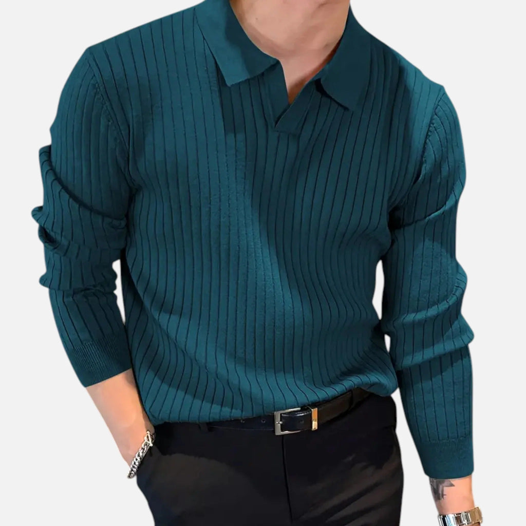 Men's Fine Ribbed Open Neck Long Sleeve Polo Shirt