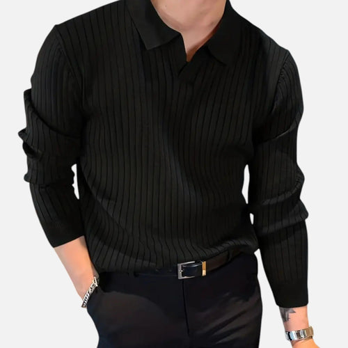 Men's Fine Ribbed Open Neck Long Sleeve Polo Shirt