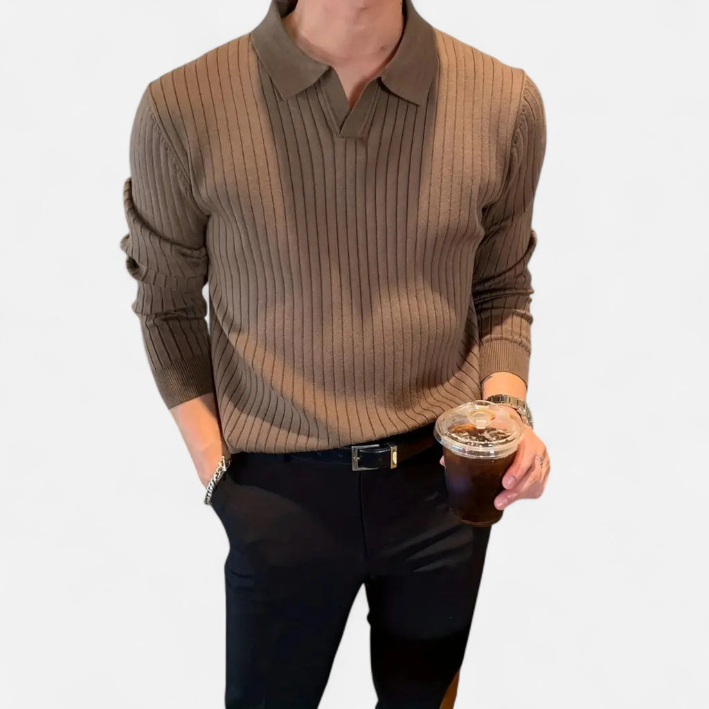 Men's Fine Ribbed Open Neck Long Sleeve Polo Shirt