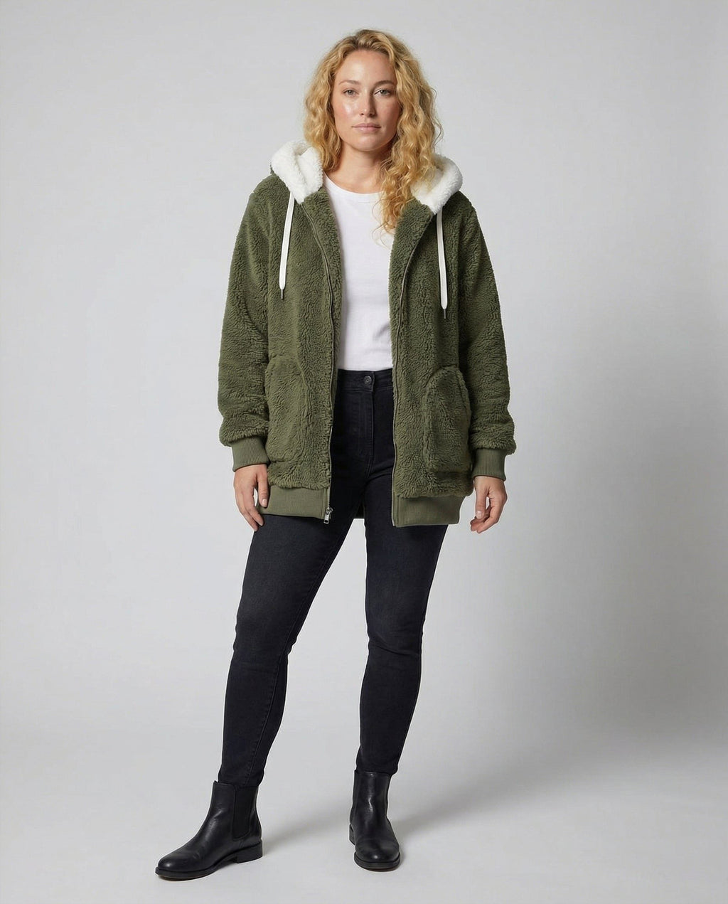 Women's Sherpa Hood Relaxed Fit Zip-Front Fleece Jacket