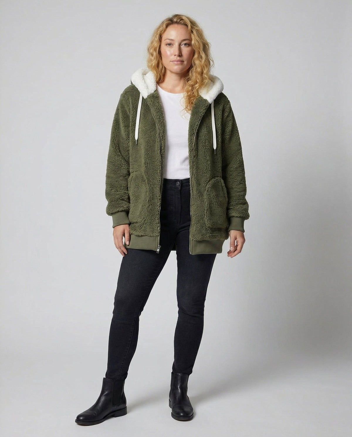 Women's Sherpa Hood Relaxed Fit Zip-Front Fleece Jacket