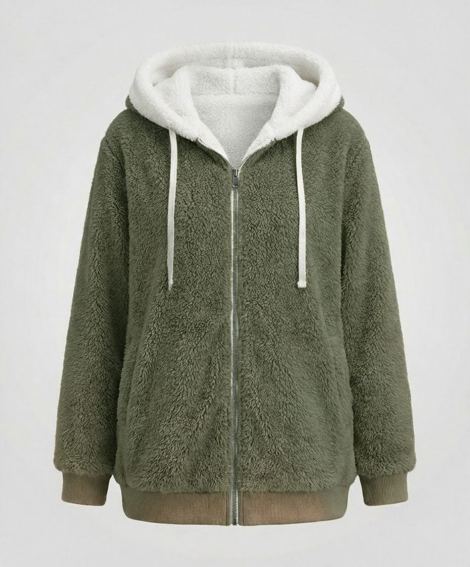 Women's Sherpa Hood Relaxed Fit Zip-Front Fleece Jacket