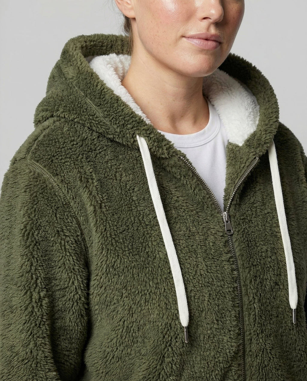 Women's Sherpa Hood Relaxed Fit Zip-Front Fleece Jacket