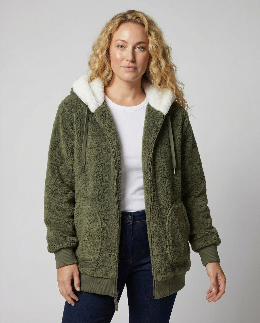 Women's Sherpa Hood Relaxed Fit Zip-Front Fleece Jacket