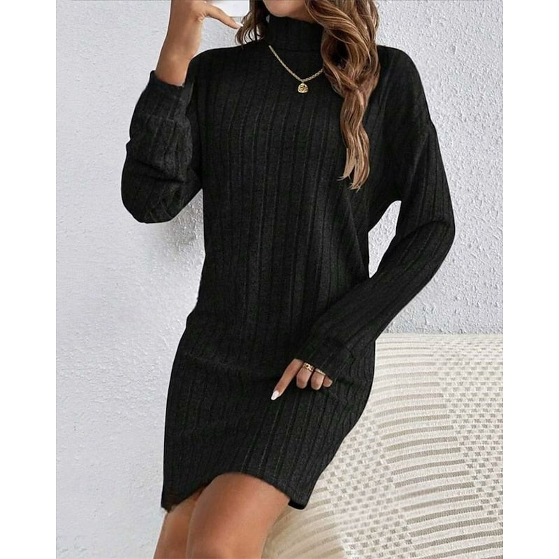 Women's Ribbed Knit Turtleneck Long Pullover Dress