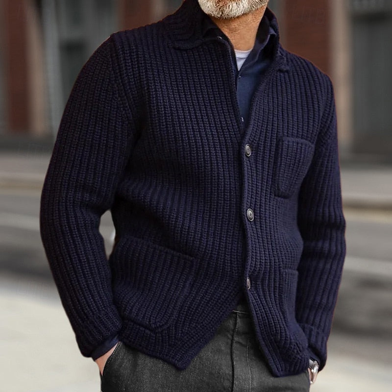 Men's Stand Collar Ribbed Front-Button Pocket Knit Cardigan