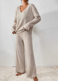 Women's Relaxed Ribbed V-Neck Knit Wide Leg Pants Set