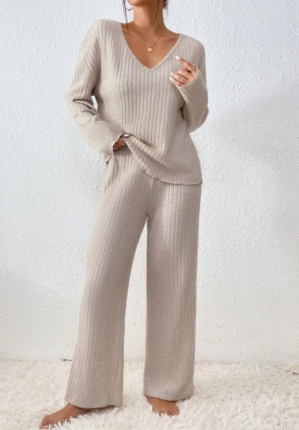 Women's Relaxed Ribbed V-Neck Knit Wide Leg Pants Set