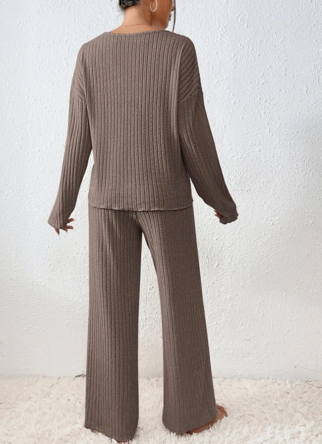 Women's Relaxed Ribbed V-Neck Knit Wide Leg Pants Set