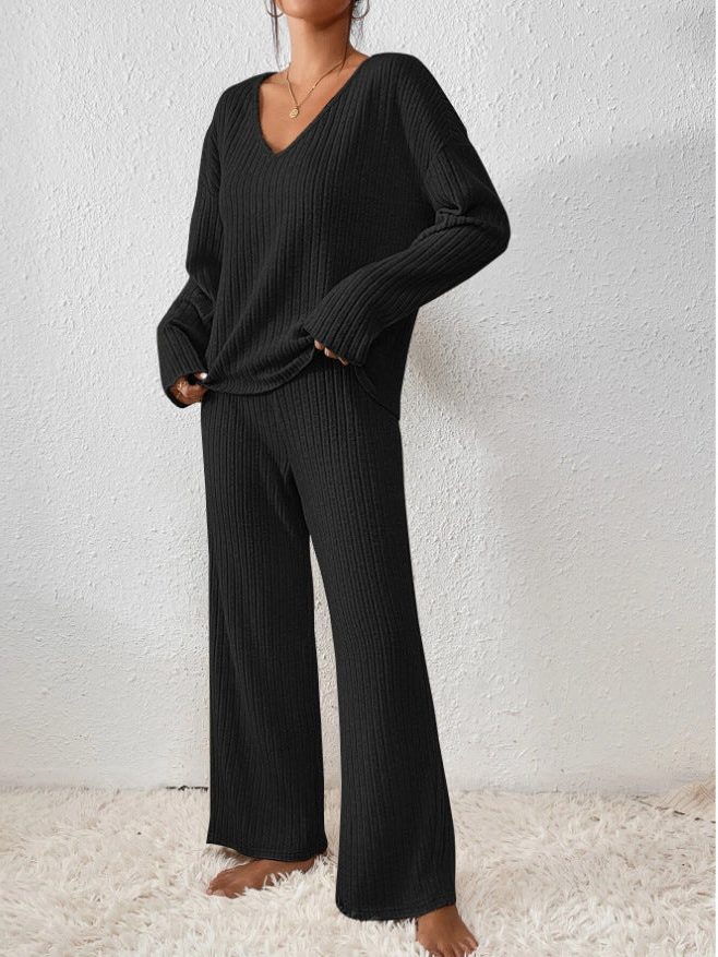 Women's Relaxed Ribbed V-Neck Knit Wide Leg Pants Set