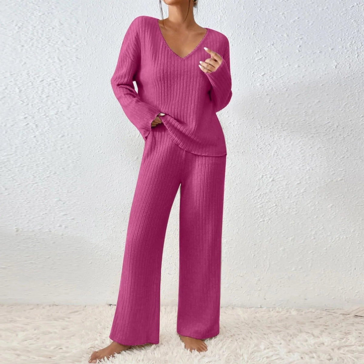 Women's Relaxed Ribbed V-Neck Knit Wide Leg Pants Set