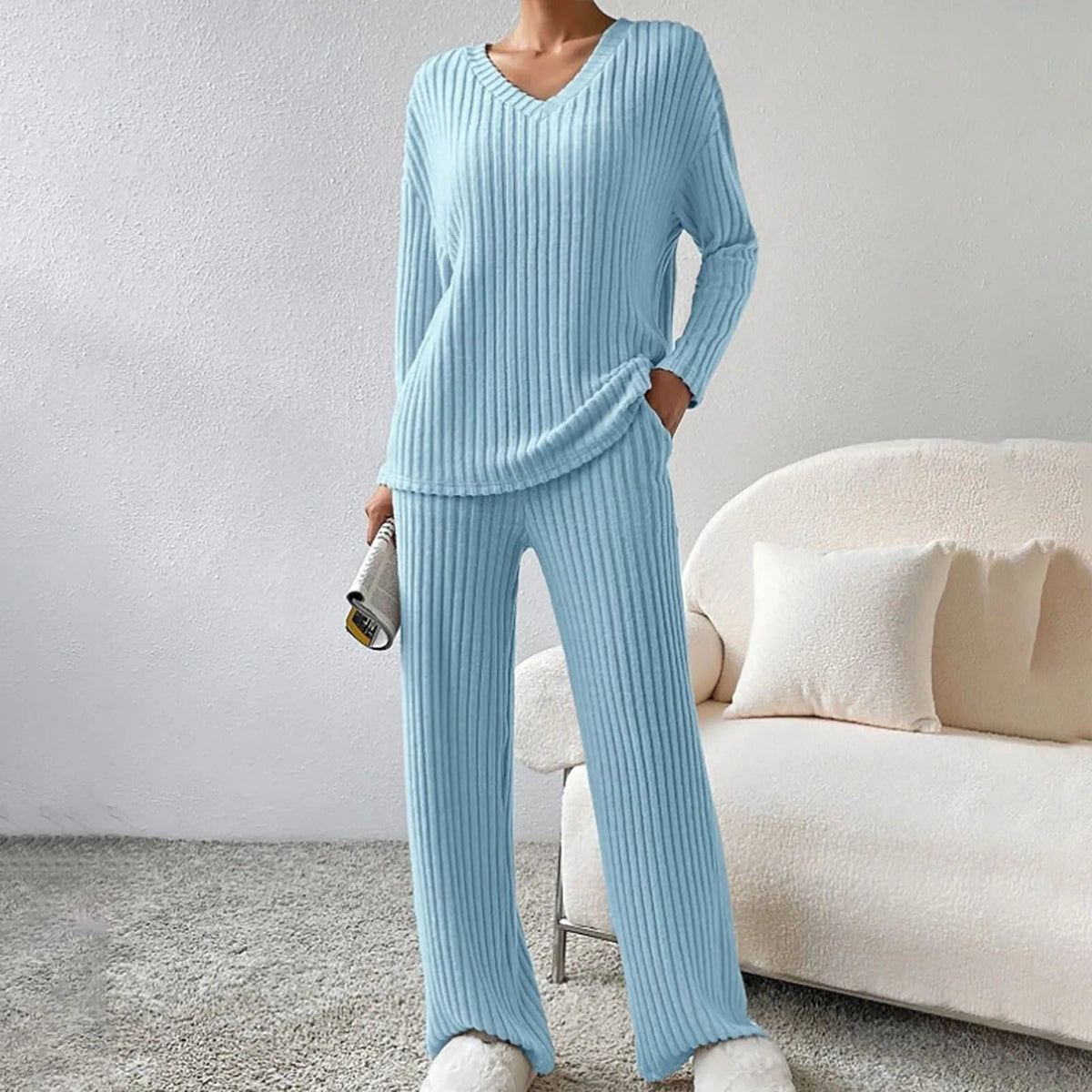 Women's Relaxed Ribbed V-Neck Knit Wide Leg Pants Set