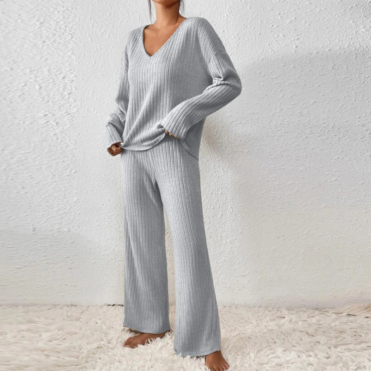 Women's Relaxed Ribbed V-Neck Knit Wide Leg Pants Set
