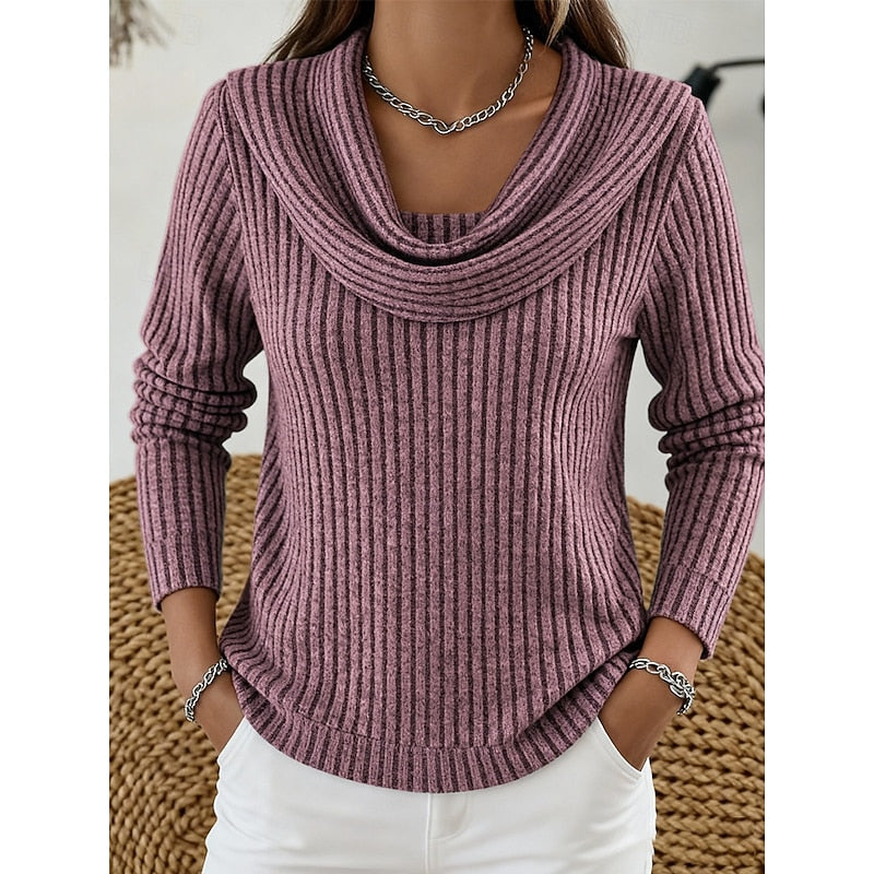 Women's Draped Cowl Neckline Soft Ribbed Pullover