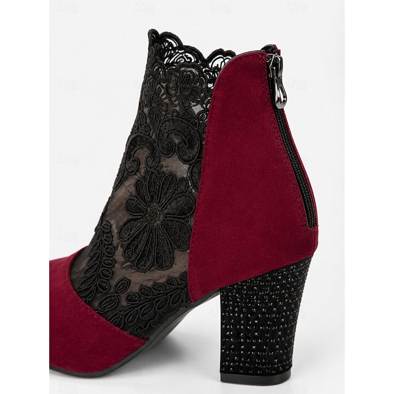 Women's Floral Lace Overlay Block Heel Booties