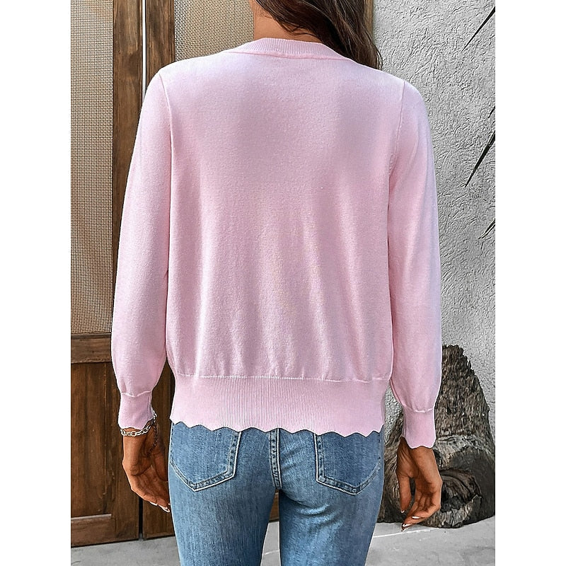 Women's Scalloped Trim V-Neckline Button-Up Knit Cardigan