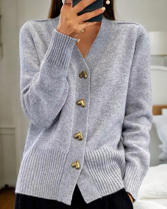 Women's Heart Button Ribbed Knit Front-Button Cardigan