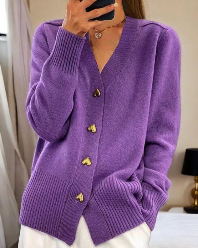 Women's Heart Button Ribbed Knit Front-Button Cardigan