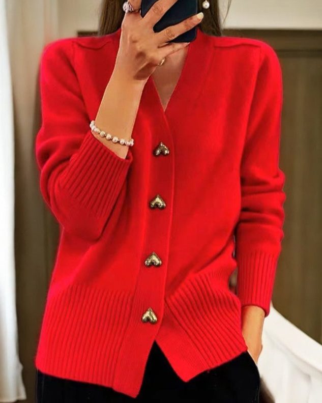 Women's Heart Button Ribbed Knit Front-Button Cardigan