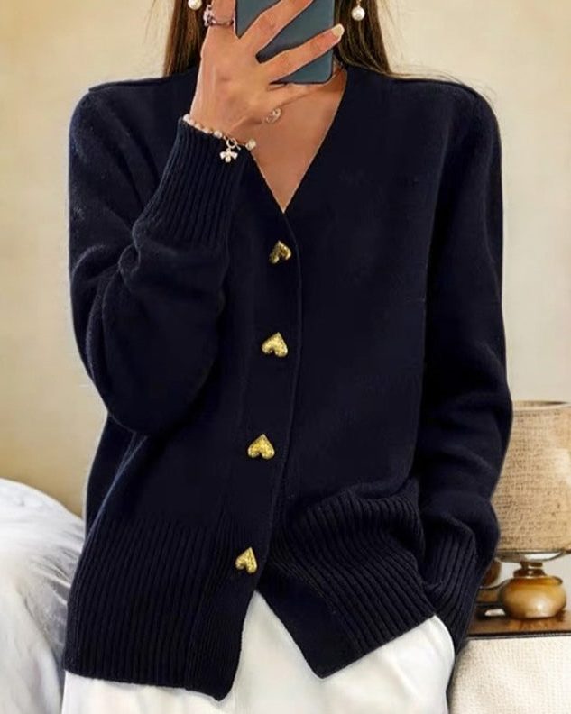 Women's Heart Button Ribbed Knit Front-Button Cardigan
