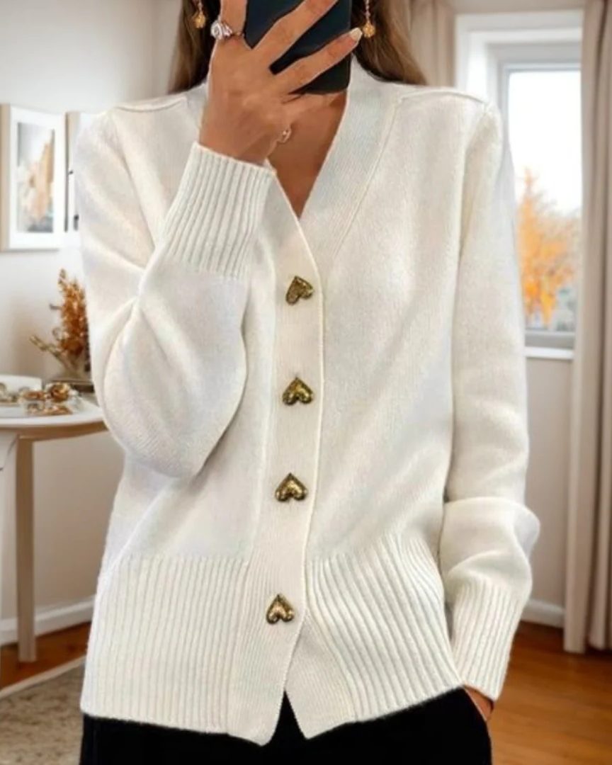 Women's Heart Button Ribbed Knit Front-Button Cardigan