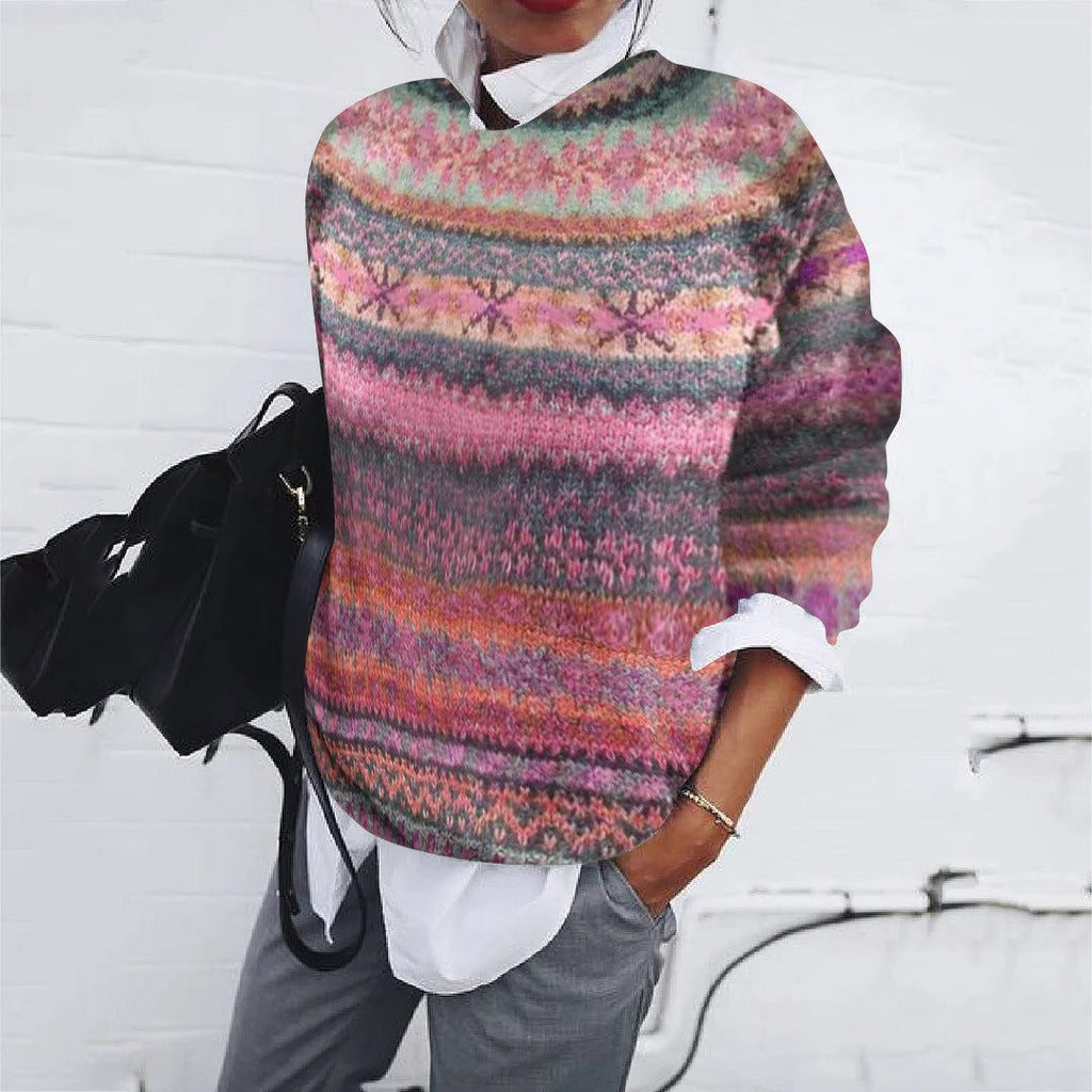 Women's Traditional Fair Isle Loose Crew Neck Knit Pullover