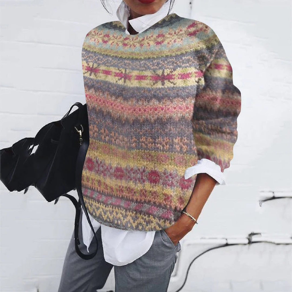 Women's Traditional Fair Isle Loose Crew Neck Knit Pullover