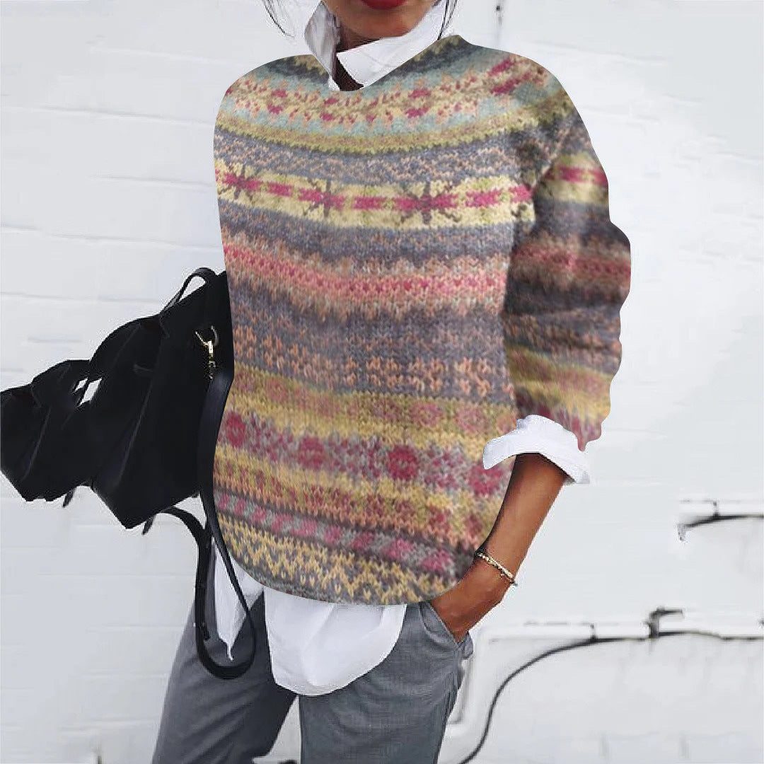 Women's Traditional Fair Isle Loose Crew Neck Knit Pullover
