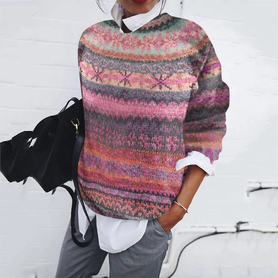 Women's Traditional Fair Isle Loose Crew Neck Knit Pullover
