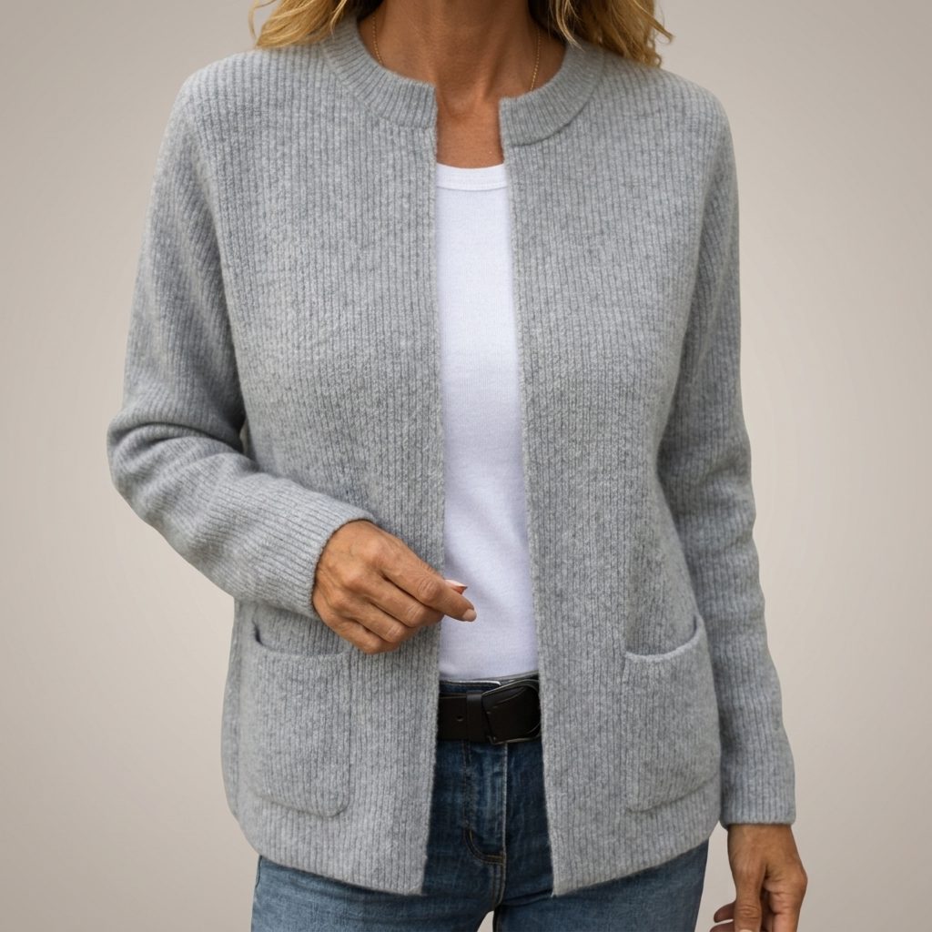 Women's Open-Front Rib Knit Cardigan with Side Pockets
