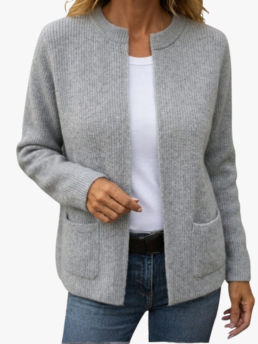 Women's Open-Front Rib Knit Cardigan with Side Pockets
