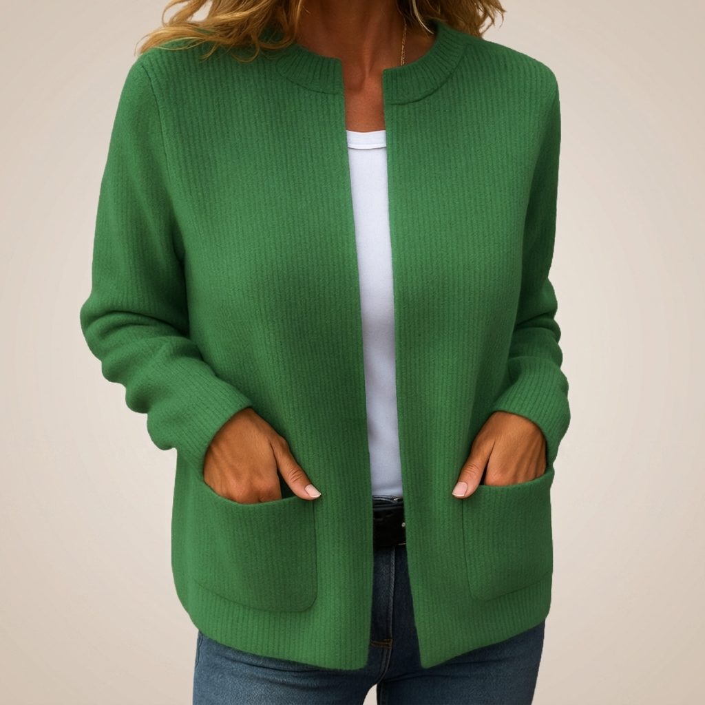 Women's Open-Front Rib Knit Cardigan with Side Pockets