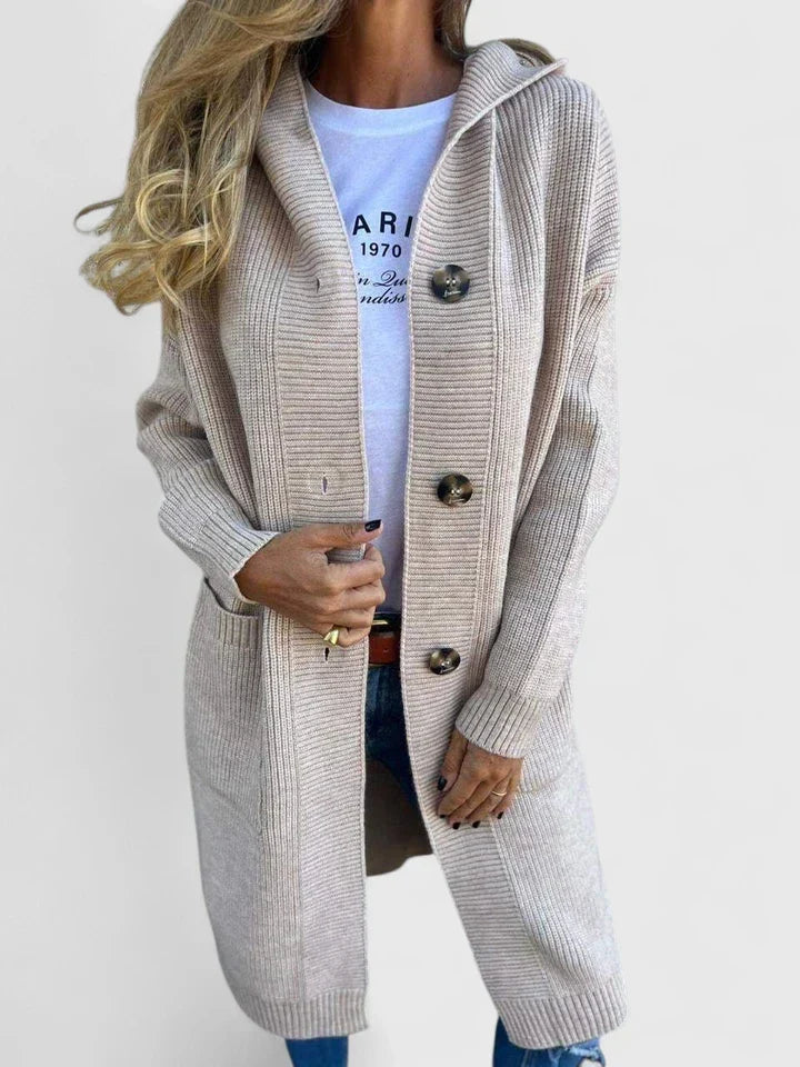 Women's Pocketed Long Button-Front Cozy Knit Cardigan