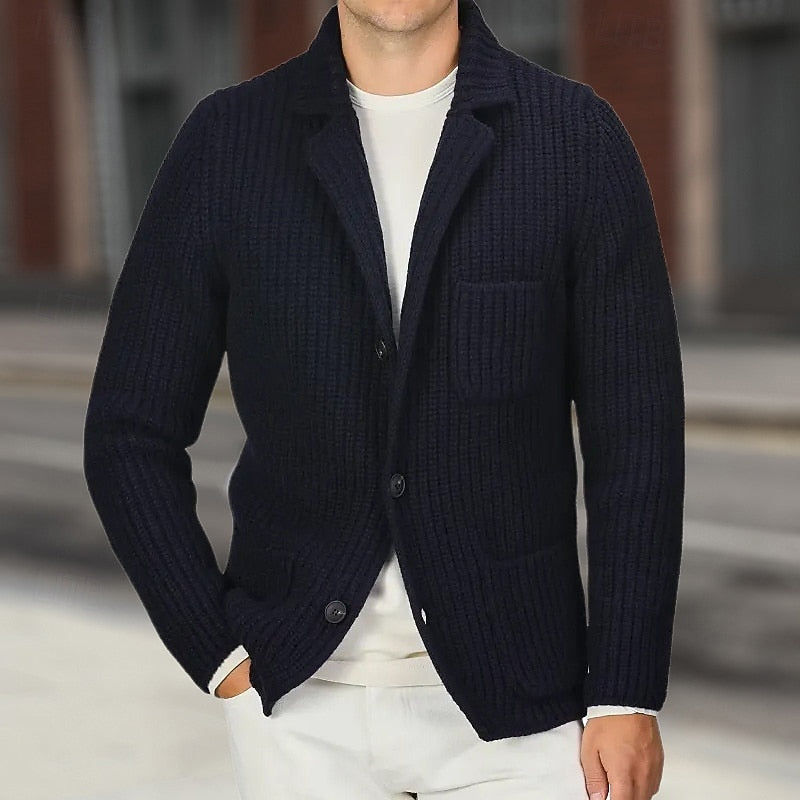 Men's Stand Collar Ribbed Front-Button Pocket Knit Cardigan
