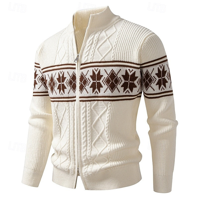 Men's Zip-Front Stand Collar Fair Isle Ribbed Cardigan
