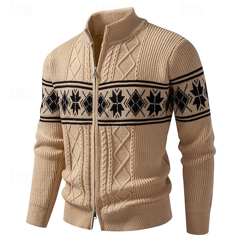 Men's Zip-Front Stand Collar Fair Isle Ribbed Cardigan