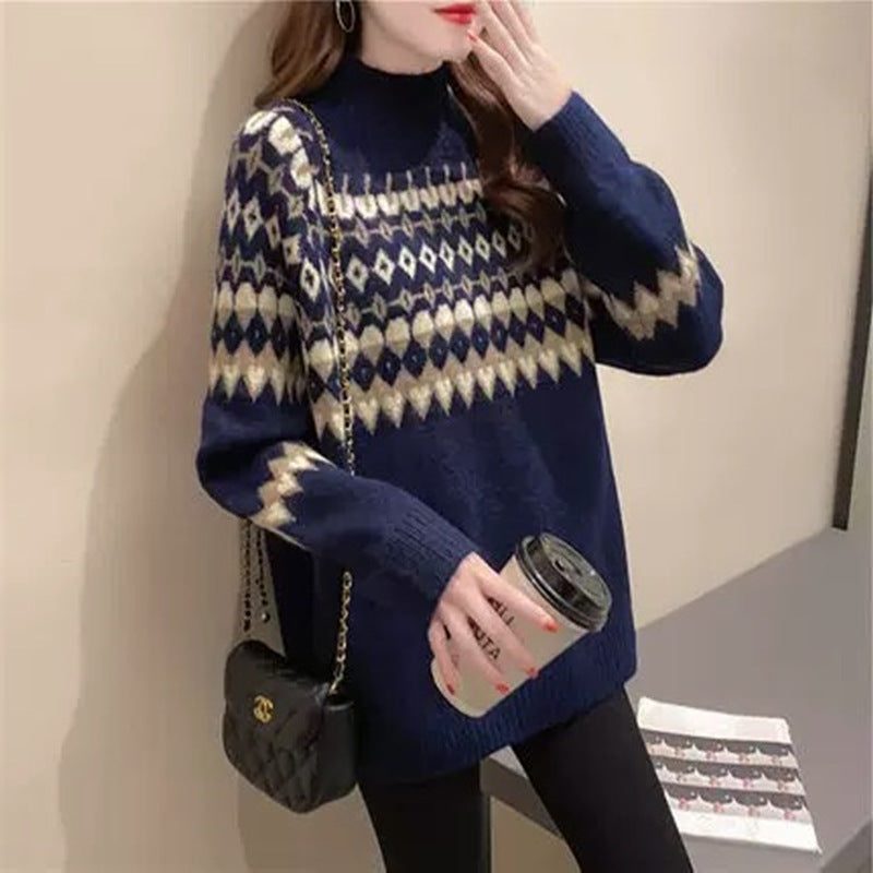 Women's Geometric Fair Isle Turtleneck Pullover with Plain Sleeves