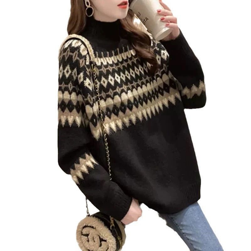 Women's Geometric Fair Isle Turtleneck Pullover with Plain Sleeves