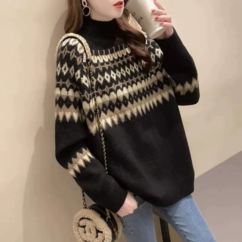 Women's Geometric Fair Isle Turtleneck Pullover with Plain Sleeves