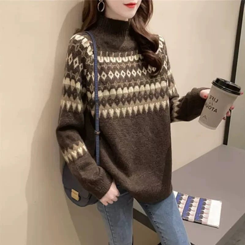 Women's Geometric Fair Isle Turtleneck Pullover with Plain Sleeves