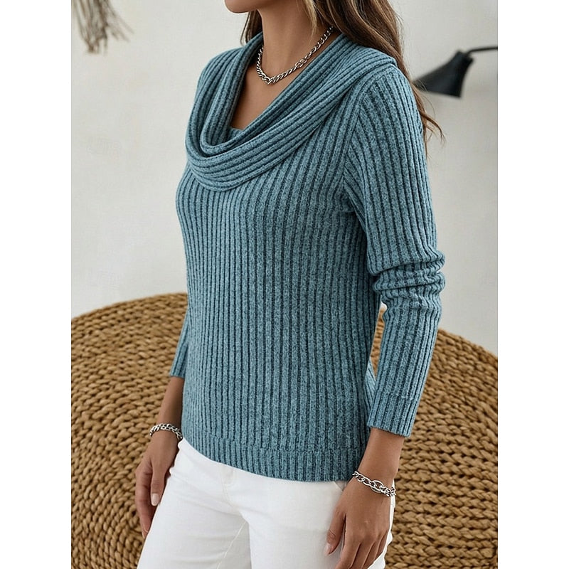 Women's Draped Cowl Neckline Soft Ribbed Pullover