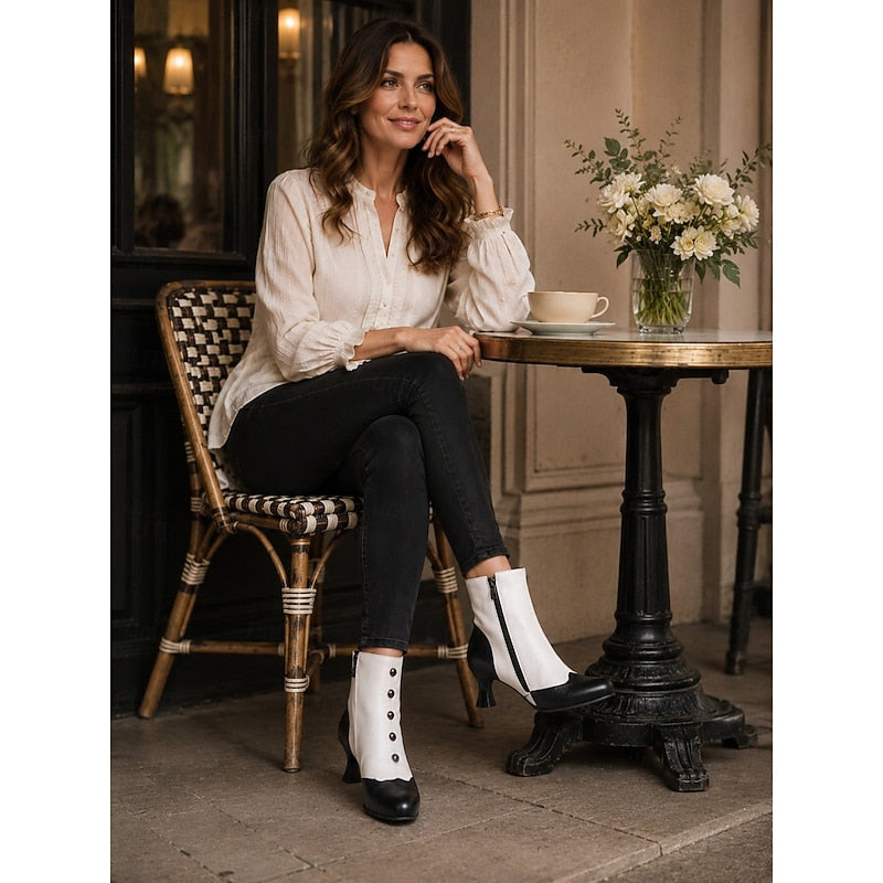 Women's Two-Tone Vintage Ankle Booties with Button Detail