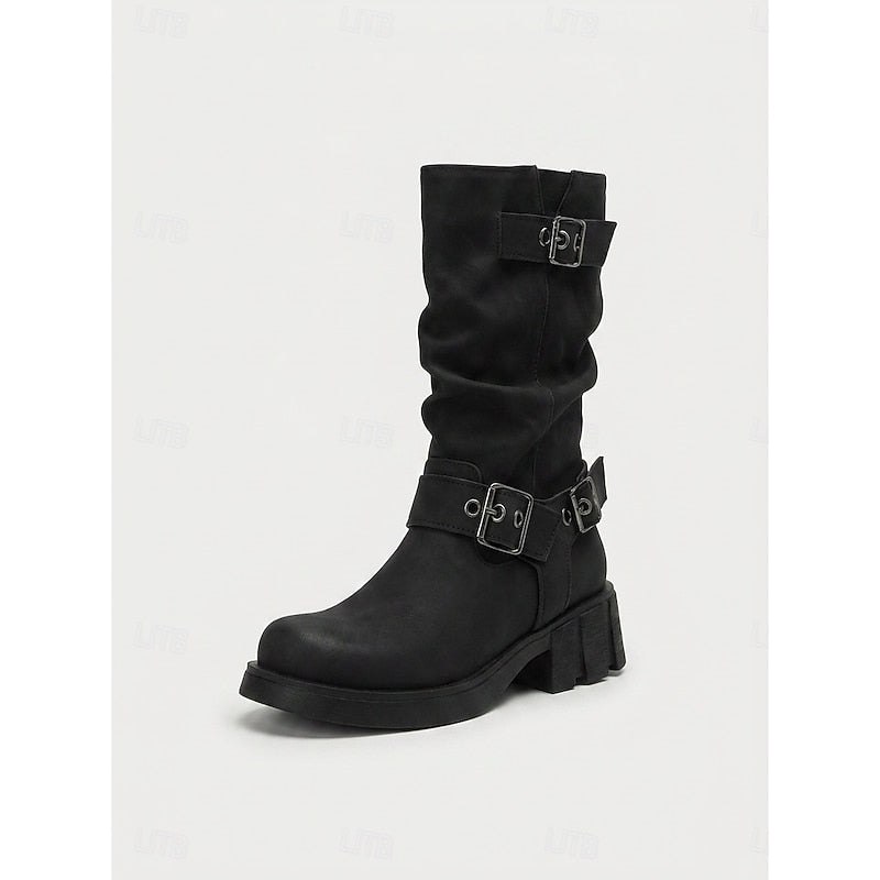 Women's Lug Sole Moto Boots with Chunky Block Heel